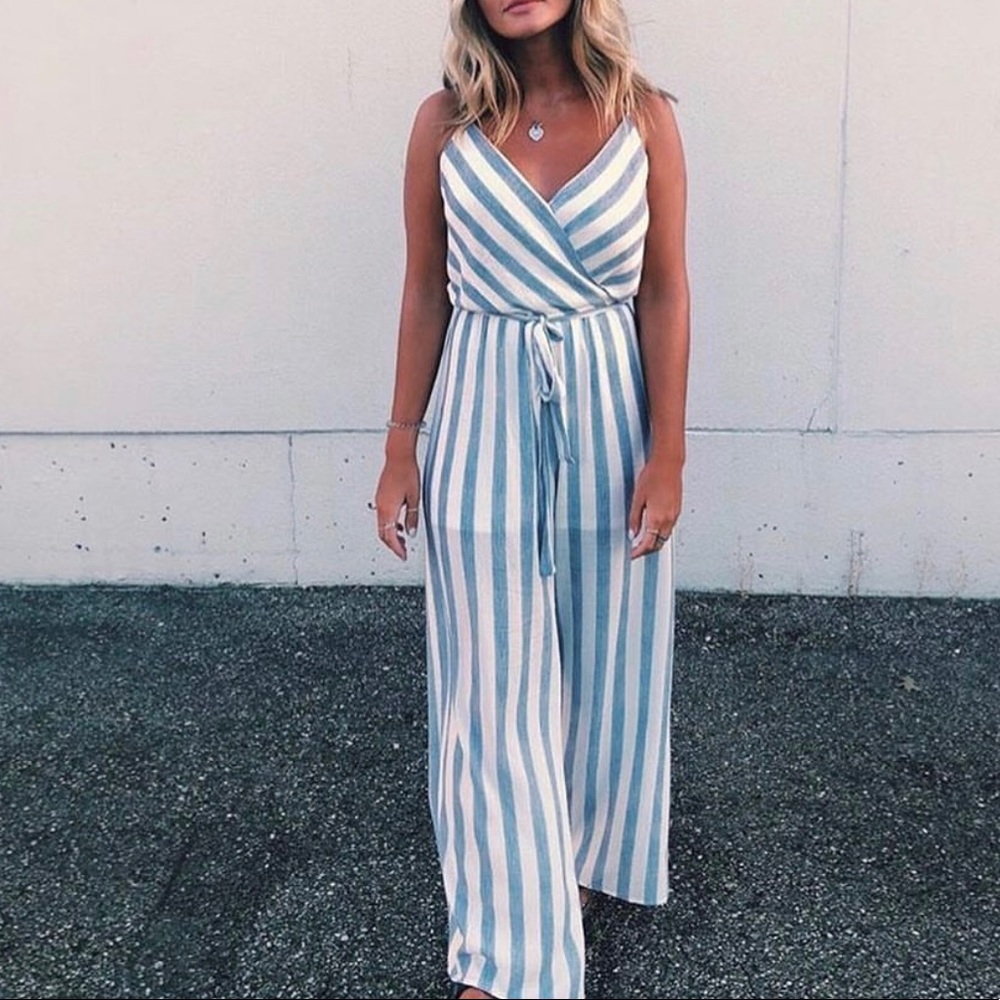π Devon Blue + White Striped Jumpsuit - Picture 3 of 6